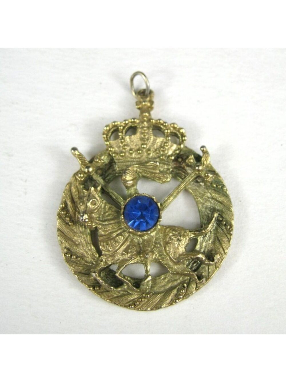 Vintage Gold Tone Metal Horse Swords Crown Blue Plastic Rhinestone Pendant - Picture 2 of 6